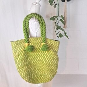 Annie J oversized Woven Fabric Green and Yellow Tote Bag